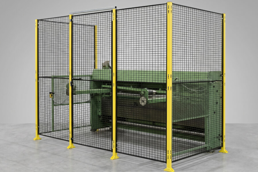 Heavy-duty industrial steel mesh perimeter fence with yellow safety posts