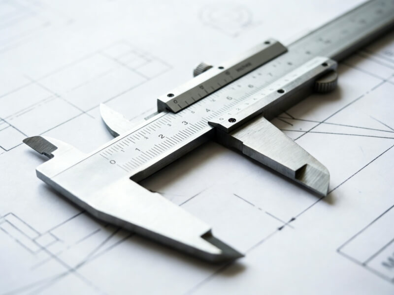 Precision vernier caliper on engineering blueprint for accurate SLS printing services dimensional tolerances