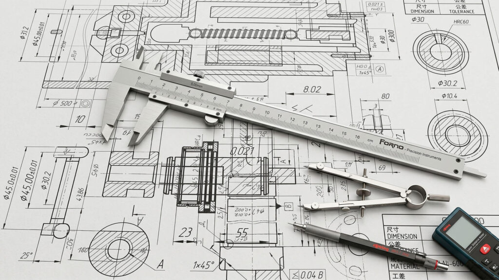 Caliper on engineering blueprint