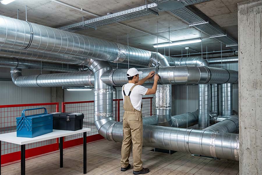 HVAC technician hanging spiral ductwork on-site