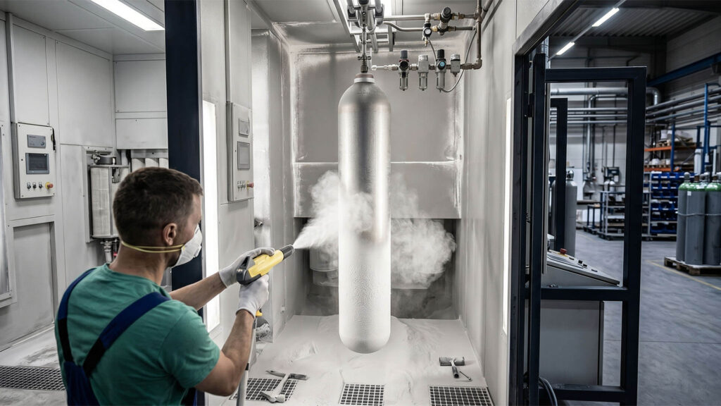 Powder coating a metal cylinder