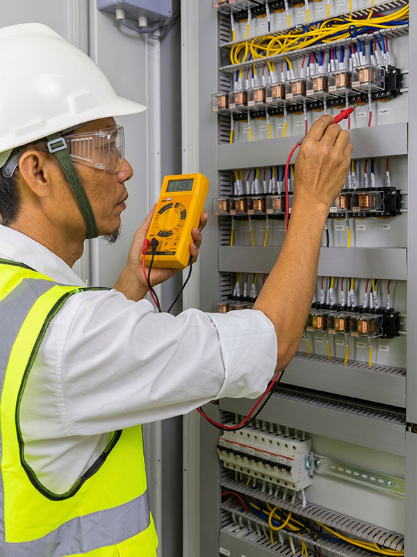 Technician performing continuity testing on a distribution board