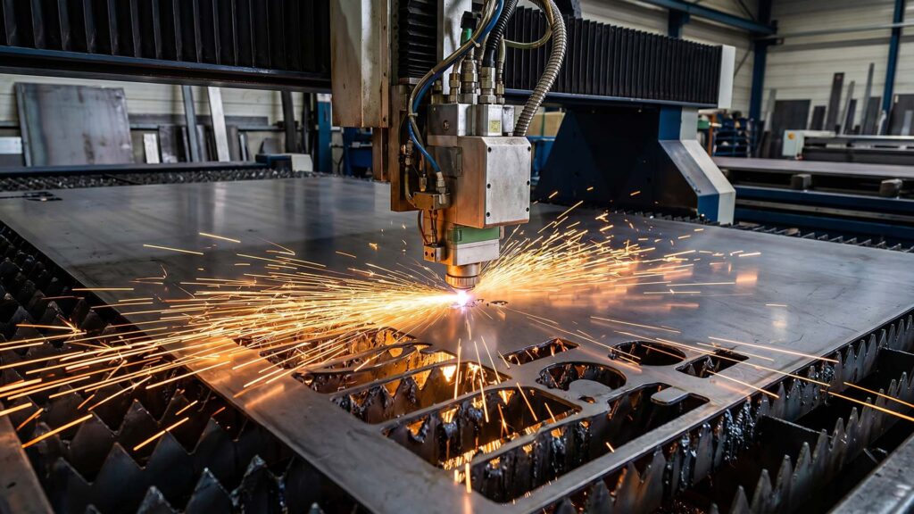 Et laserhoved, der skærer metaldele med kraftige gnister