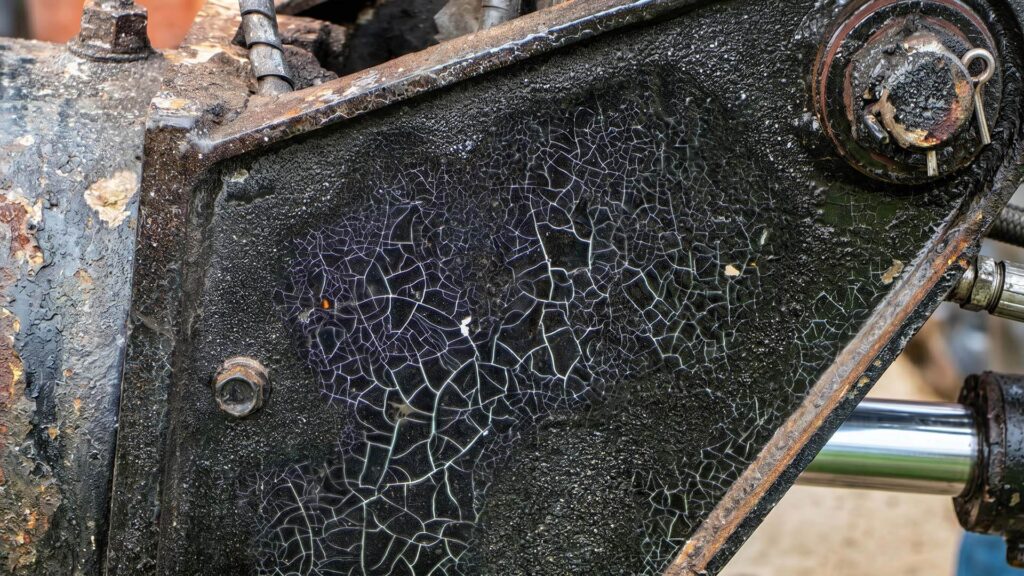 Close-up of chipped powder coat on sharp metal edge