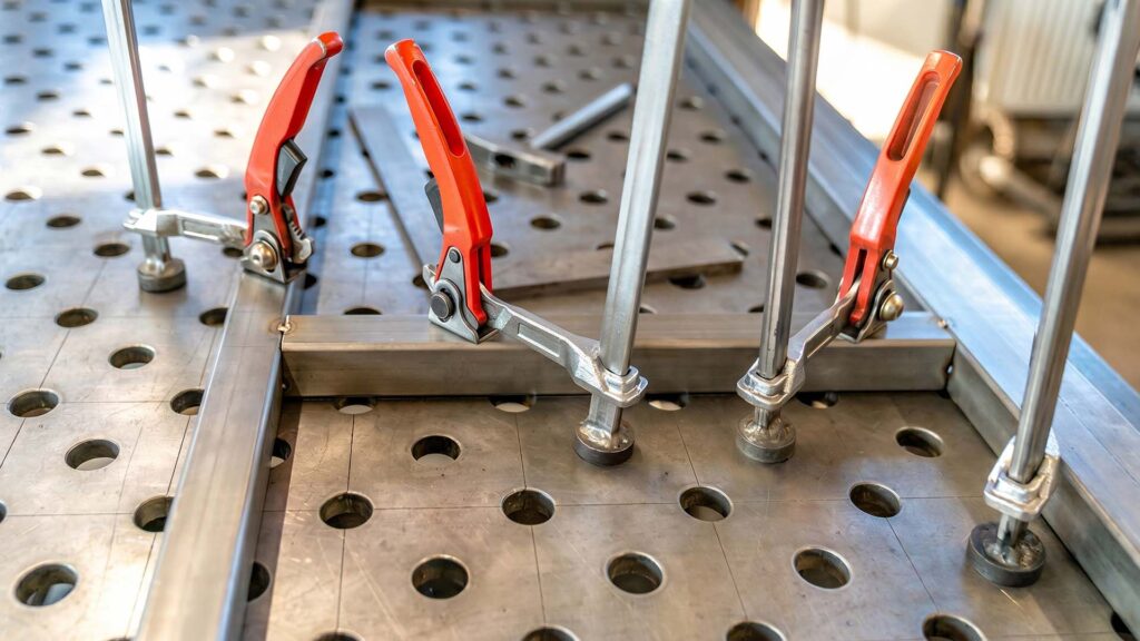 Heavy-duty clamps locking metal firmly on a welding table