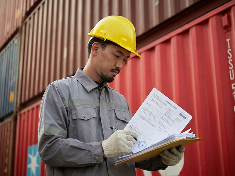 Logistics workers checking customs documents by shipping containers