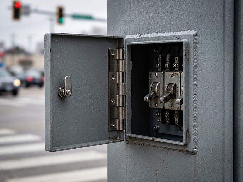 Open police panel access door on NEMA traffic control cabinet