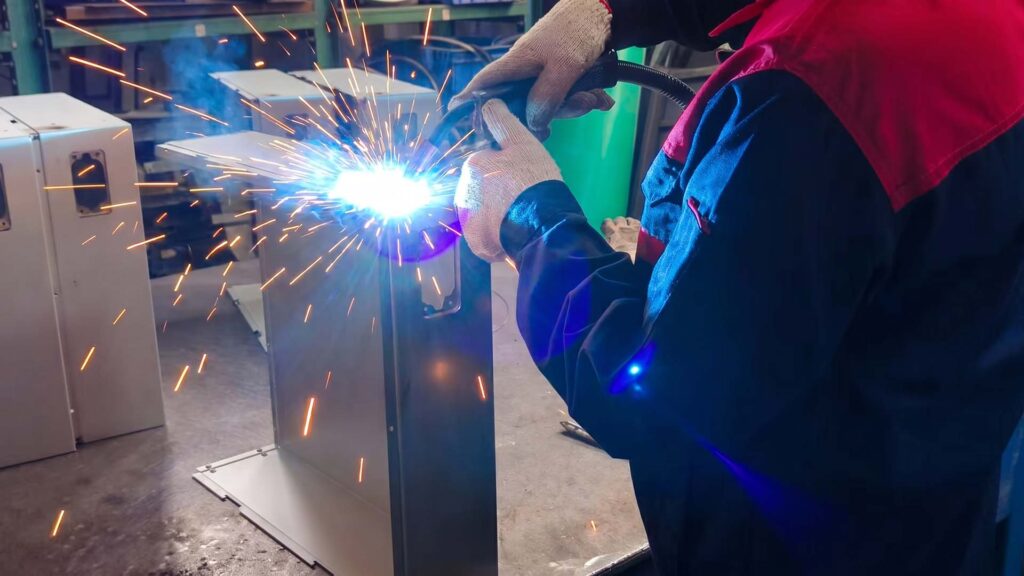 Professional welder fabricating a sheet metal enclosure with sparks