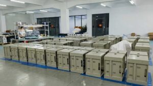Rows of metal electrical enclosures on factory floor