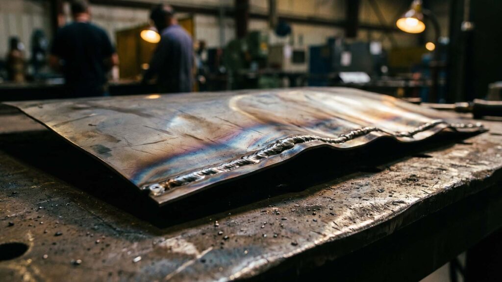 Warped thin sheet metal showing extreme welding heat distortion