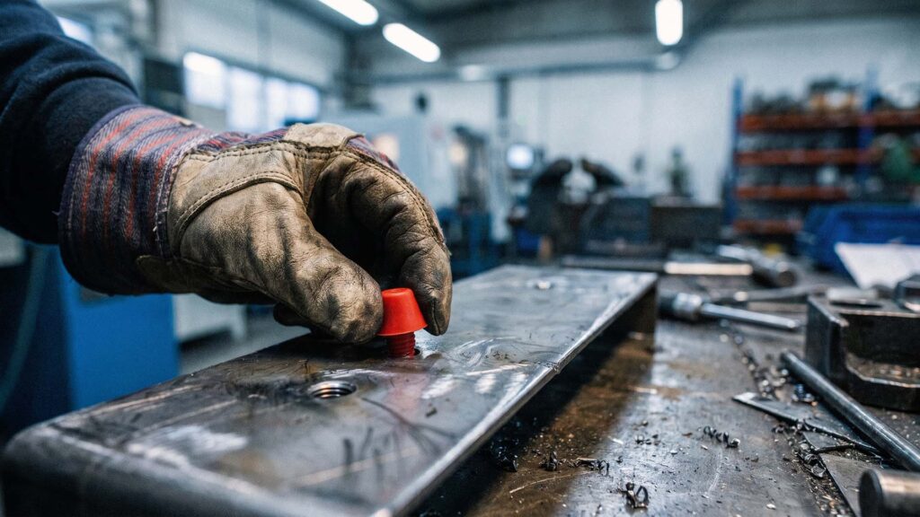 Worker inserting silicone plug into threaded metal hole