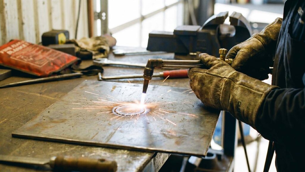 Worker using an oxy-acetylene torch for thermal straightening metal