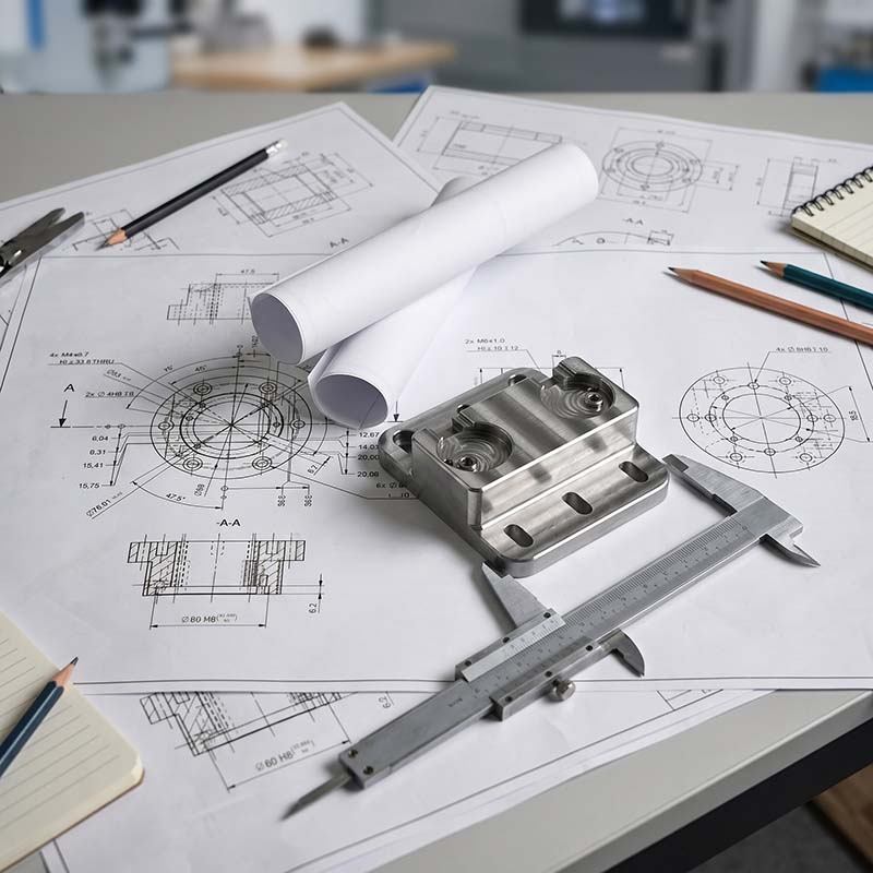 Caliper measuring metal part on engineering drawing