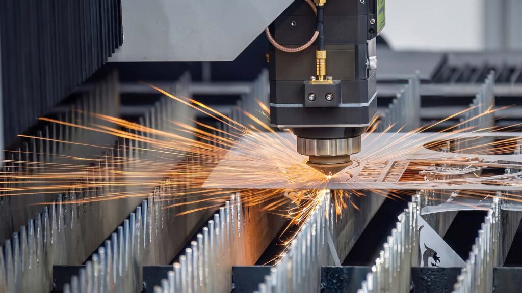 Fiber laser cutting steel sheet with precision sparks