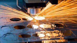 Modern CNC laser cutting metal with bright sparks
