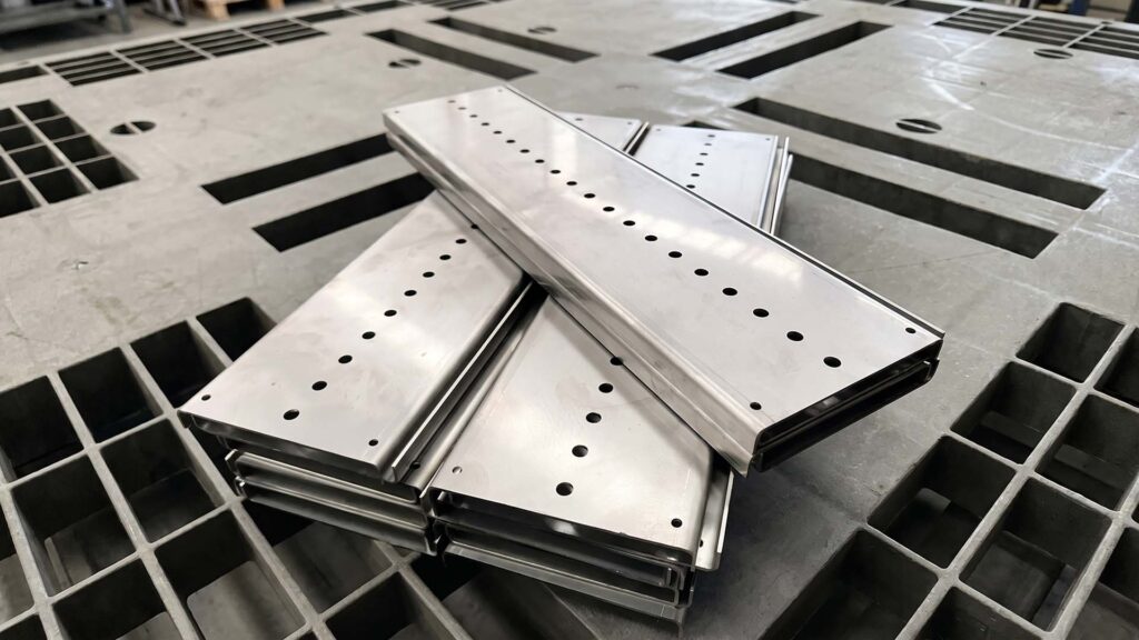 Precision sheet metal component with bent flanges