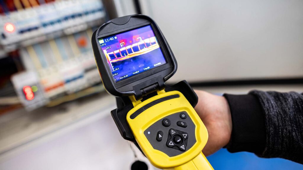 Technician using thermal camera on electrical panel