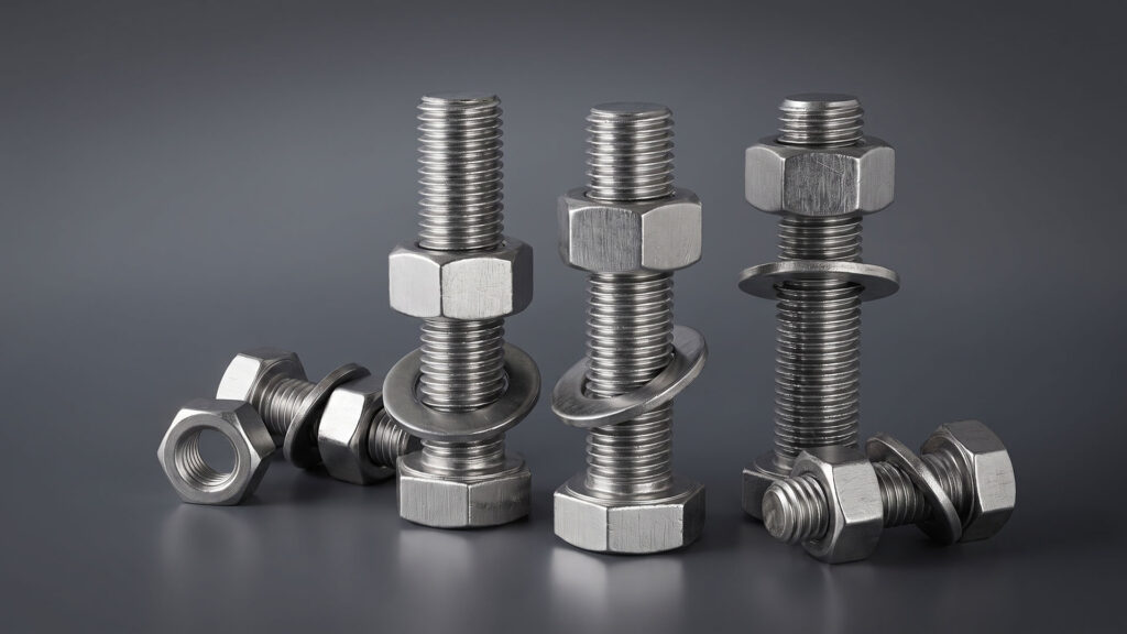 Various metal bolts and nuts standing upright