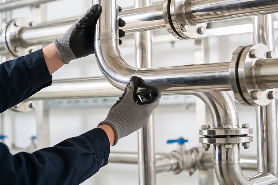 Worker inspecting high-luster decorative chrome plating