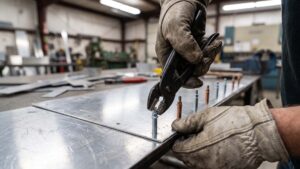 Worker installing Cleco fastener with manual pliers