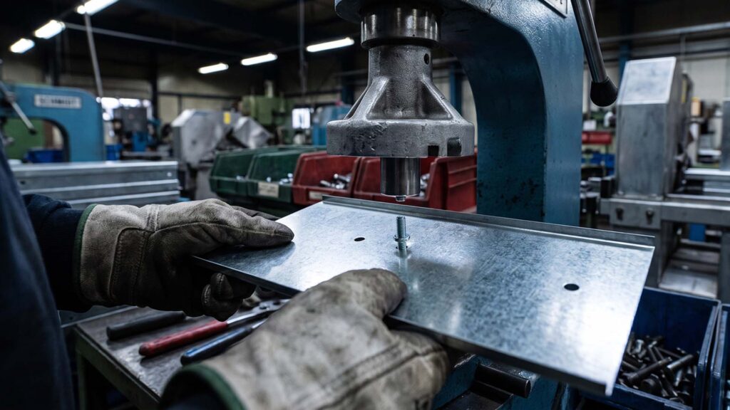 Worker manually uses arbor press for fastener insertion