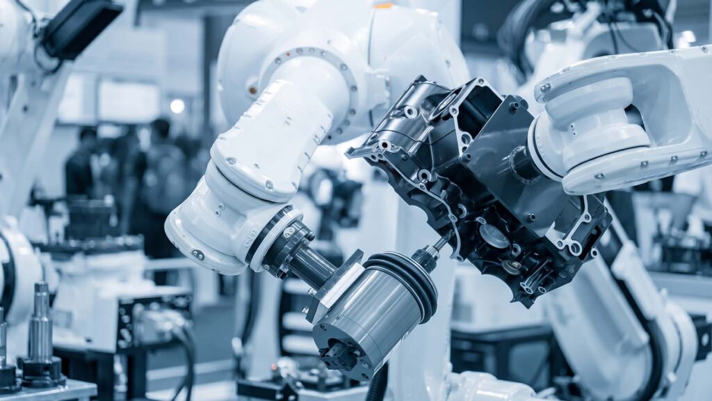 Automated robotic arm grinding a metal part