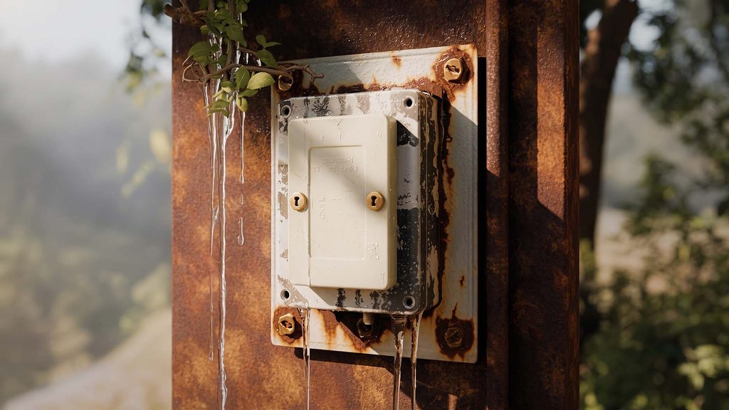 Close-up of a rusty outdoor electrical junction box