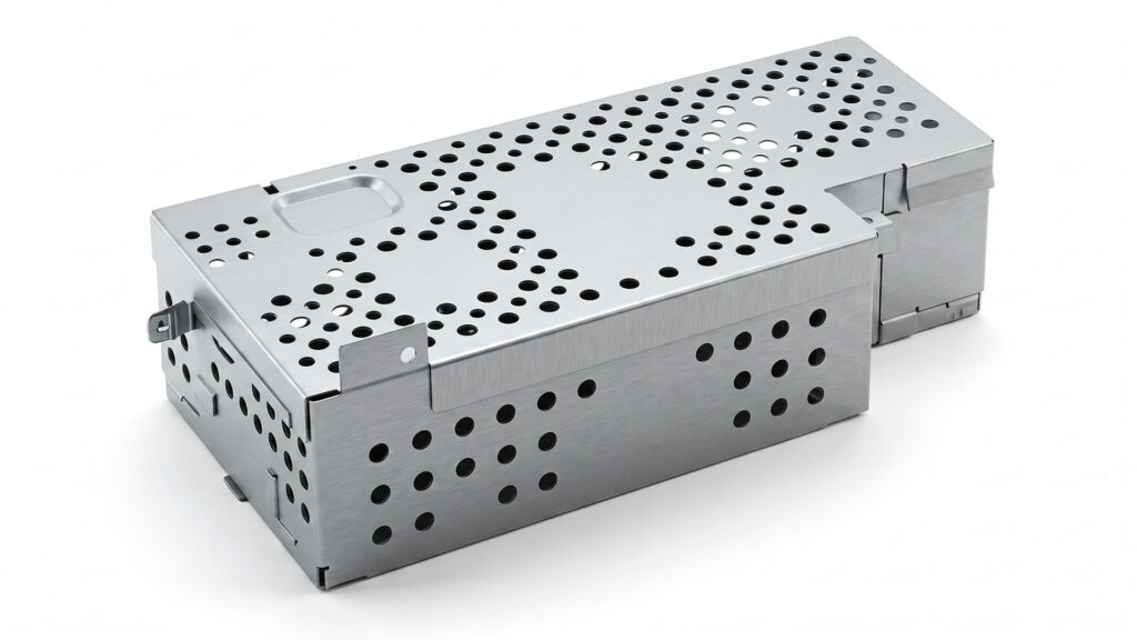 Grey powder-coated perforated sheet metal electronic enclosure