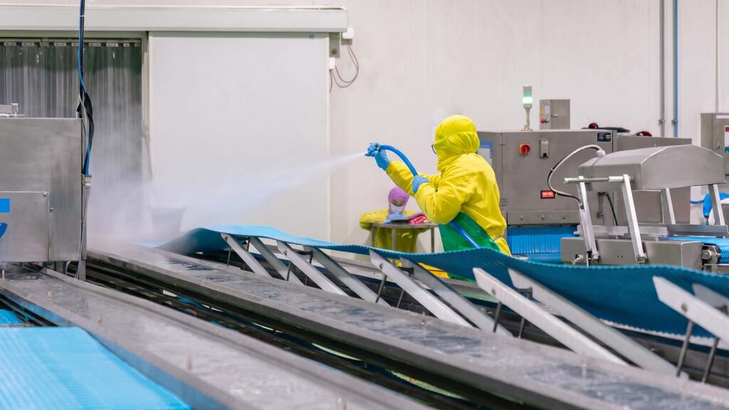 High pressure washdown in food processing plant
