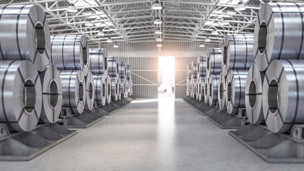 Large steel coil inventory in a manufacturing warehouse
