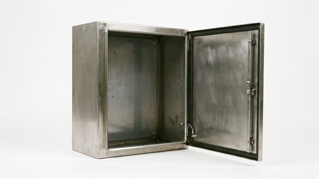 Open brushed stainless steel electrical enclosure