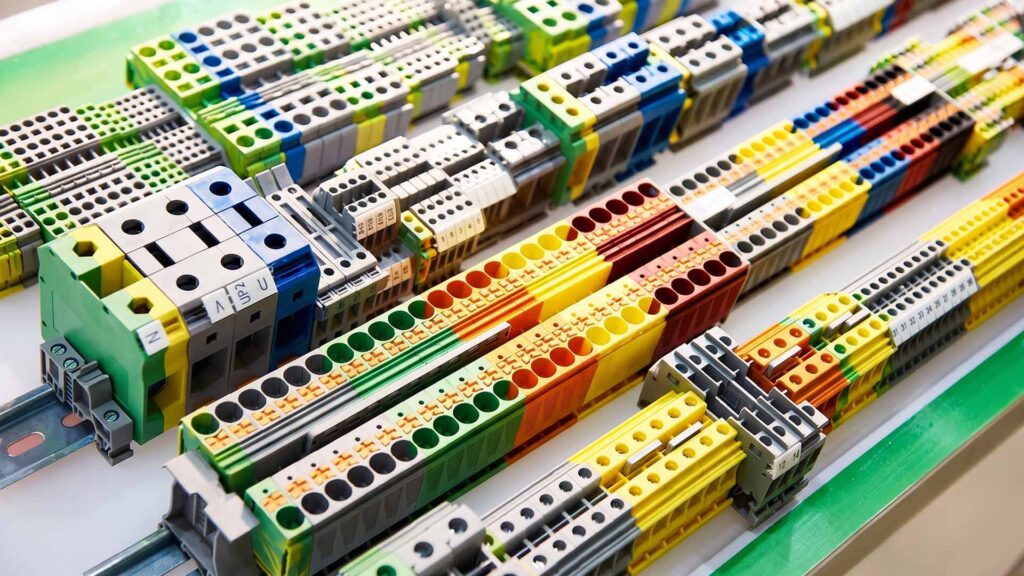 Organized terminal blocks mounted on a DIN rail