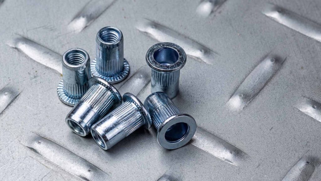 Silver threaded rivet nuts on metal surface
