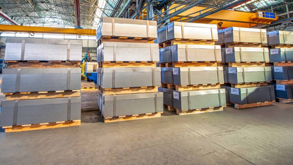Stacks of shiny cold rolled steel sheets