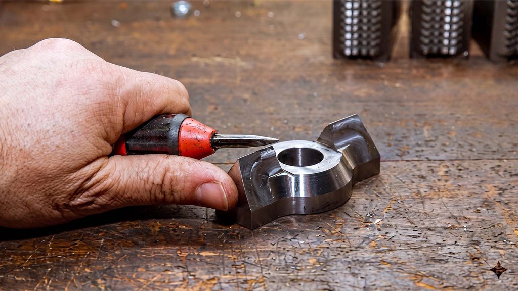 Worker using manual deburring tool on metal edge